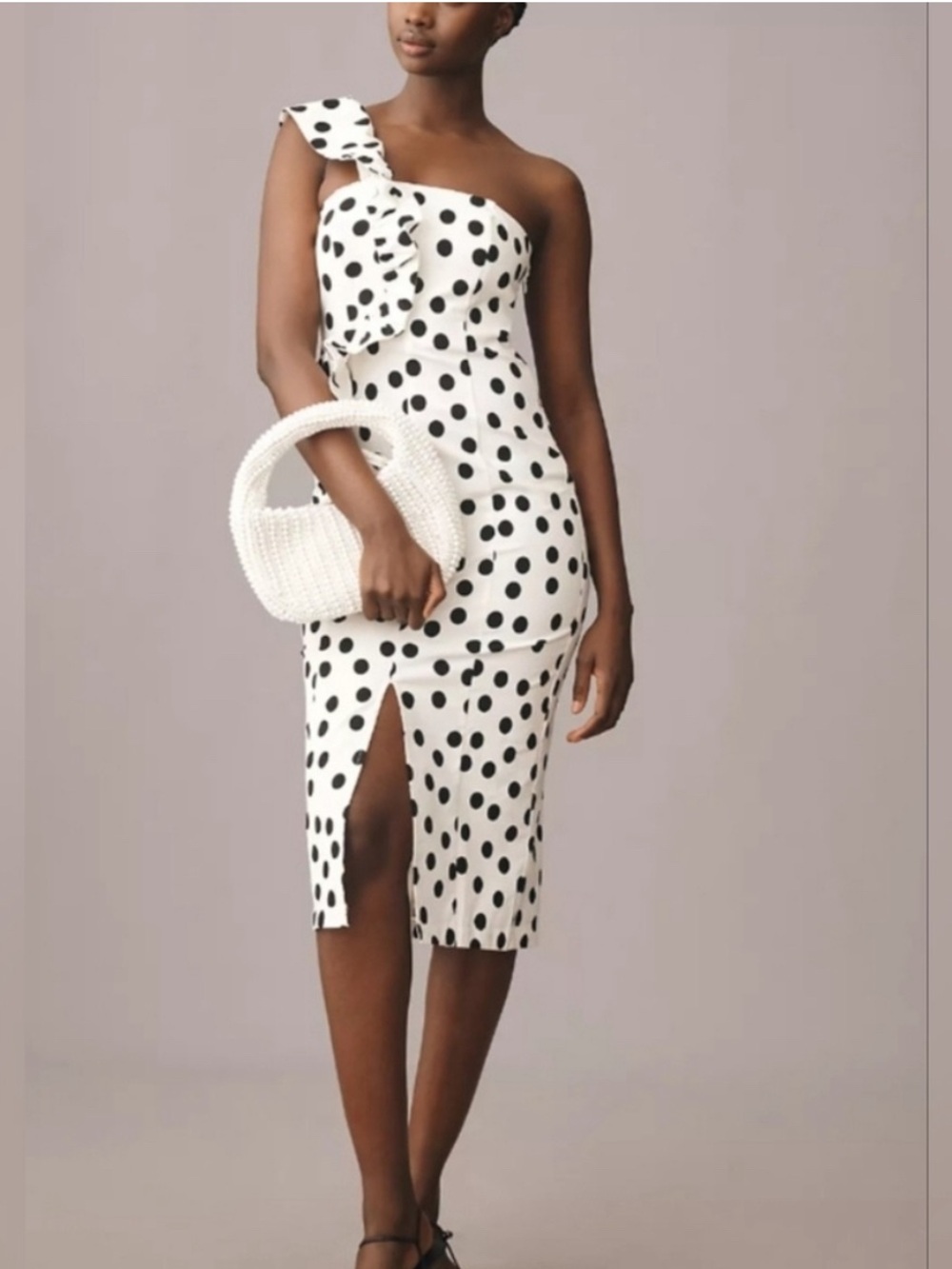 Anthropologie Black & White One-Shoulder Polka Dot Midi Dress
